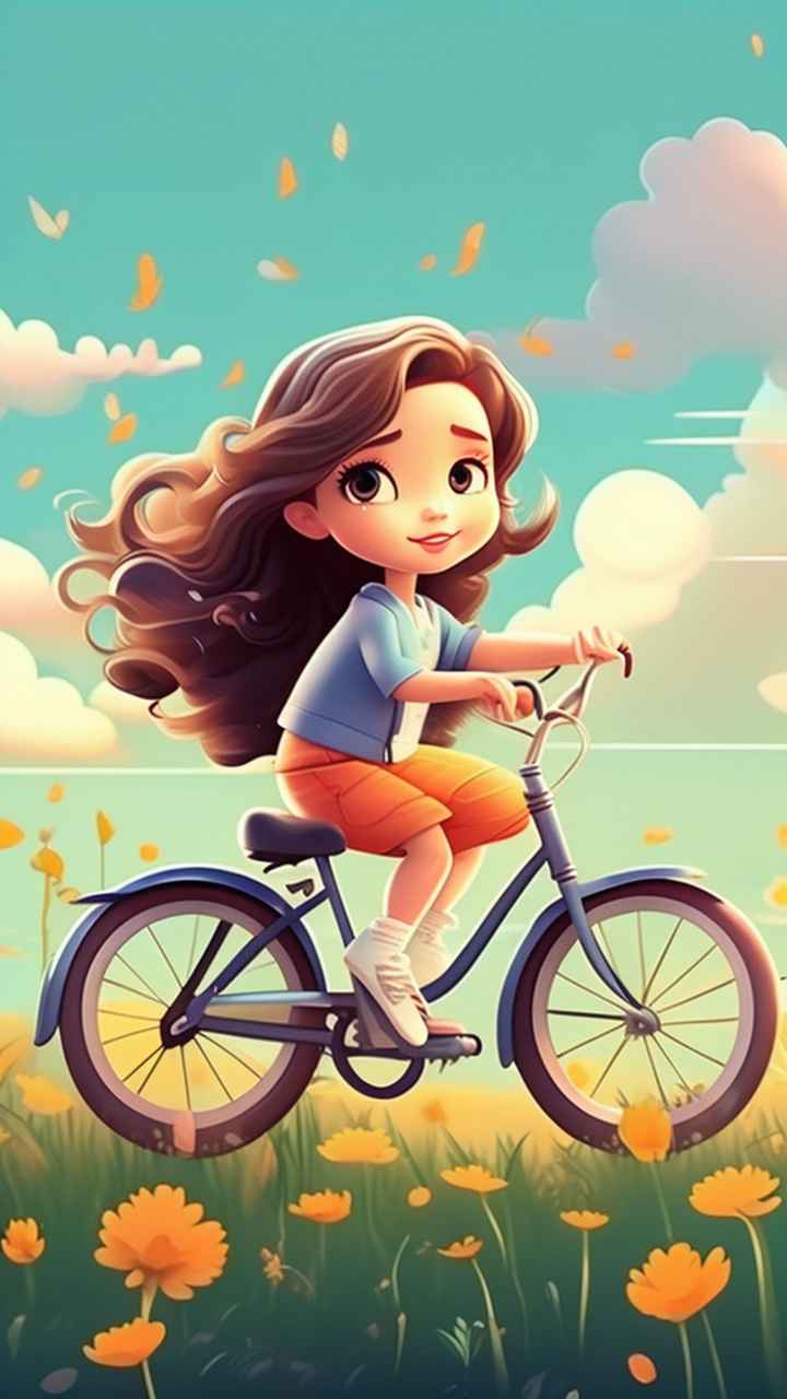 卡通可爱的女孩骑自行车梦幻般的意象 23