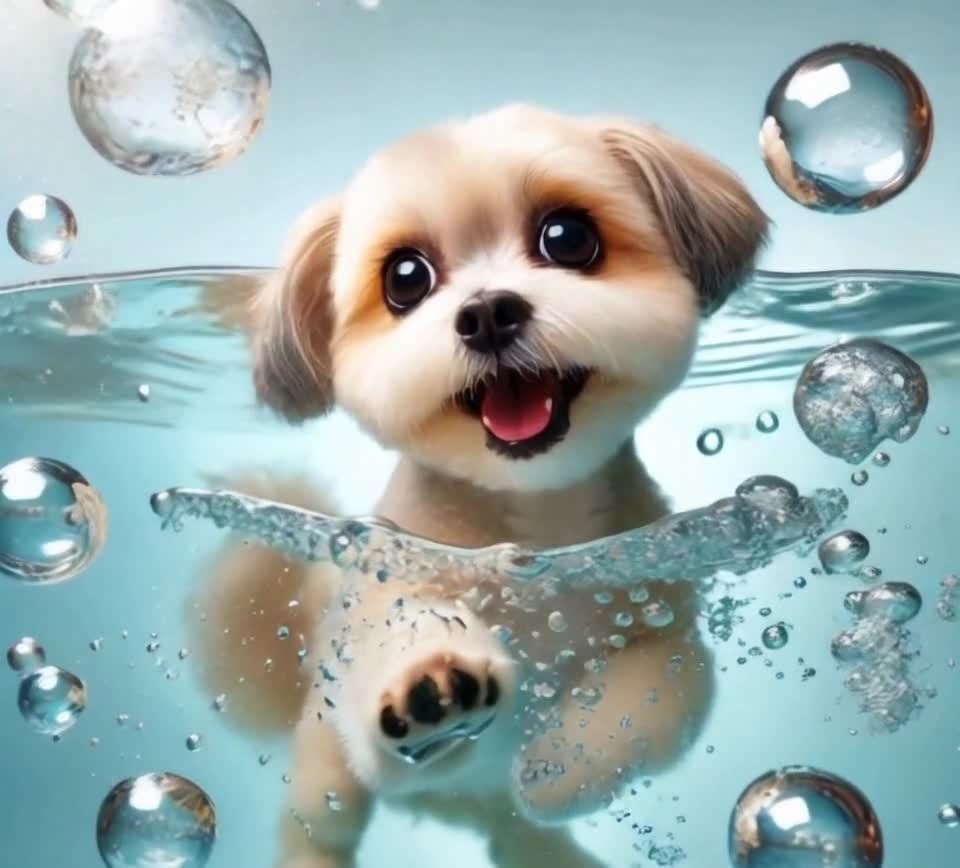 一只小型犬在水中游动，周围漂浮着许多水泡。这只狗的