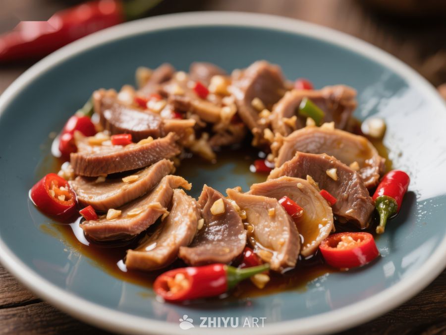 香辣卤肉拼盘，配以红椒点缀 1602