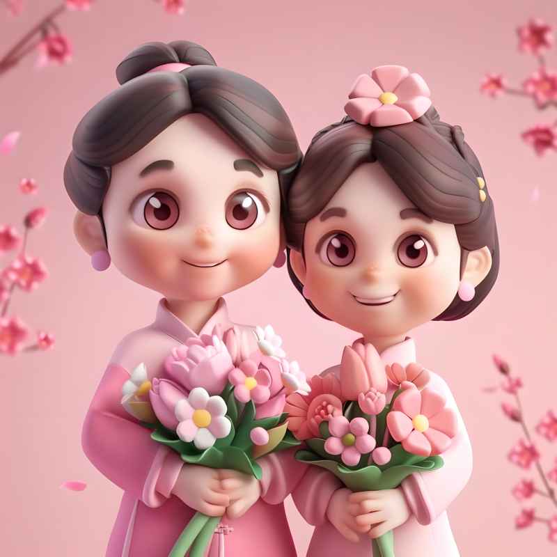 双手捧着鲜花母女粉色背景图 13