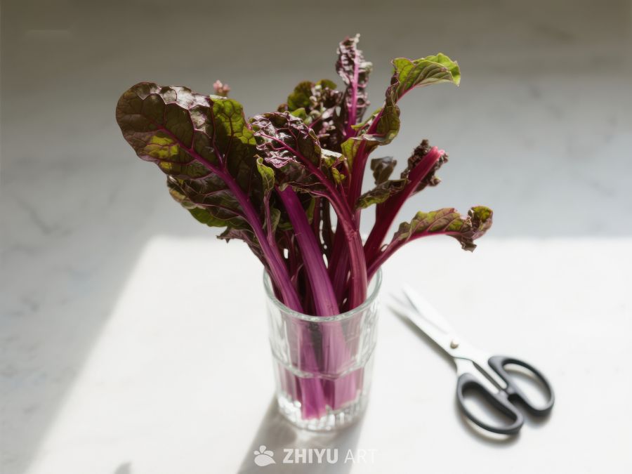 紫茎绿叶植物置于玻璃杯中 573