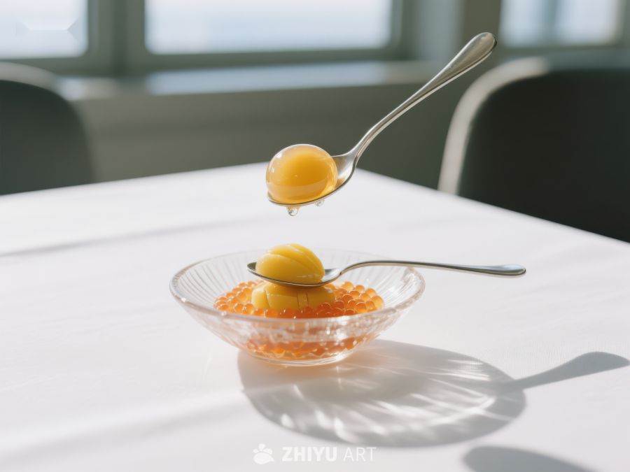 勺子舀起的蛋黄与碗中果冻 472
