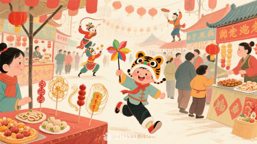 热闹春节市场，孩童手持风车欢笑 767