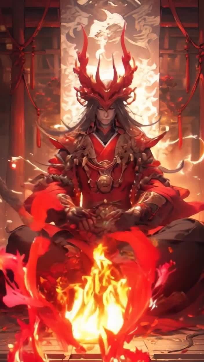 一名身着红衣，头戴红色角状头饰的人物呈冥想姿势盘腿
