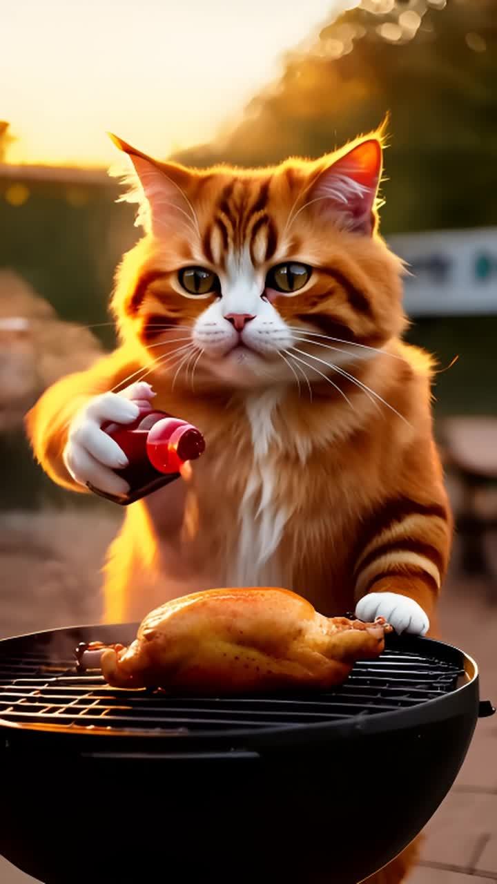 一只橙色虎斑猫站在烧烤架旁，烤架上放着一只整鸡。猫