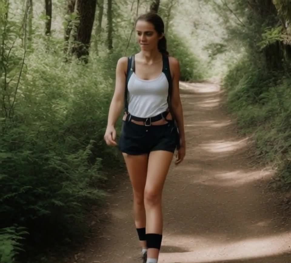 一名女性走在树木繁茂的小路上。她穿着一件白色背心、