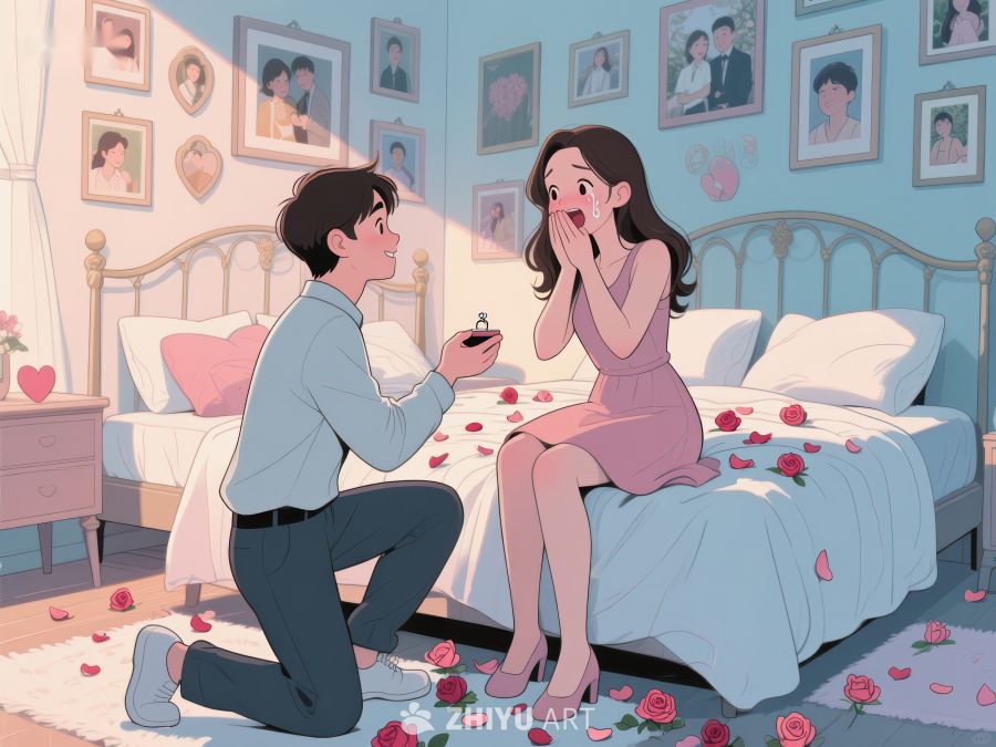 浪漫求婚场景，男子单膝跪地献戒指 413