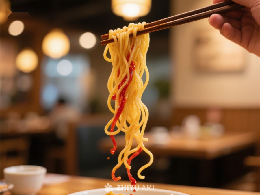 筷子夹起热辣面条 709