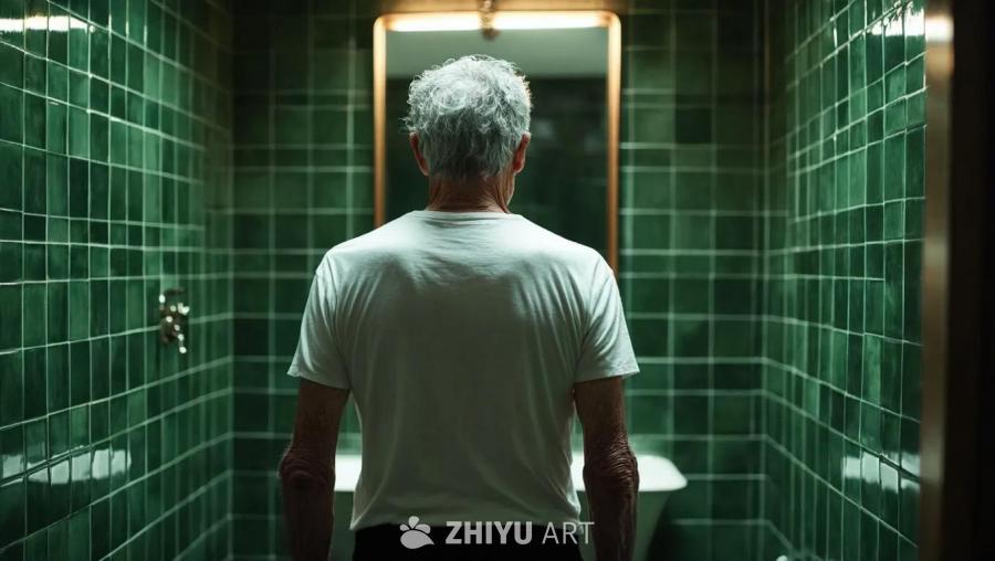 一位身材瘦削的老人背对着镜头，站在一间光线昏暗、装