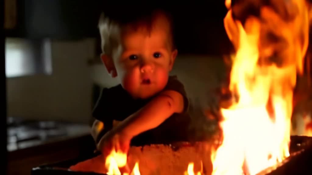 一个穿着黑色上衣的幼儿，伸手触摸一个燃烧的火炉，火