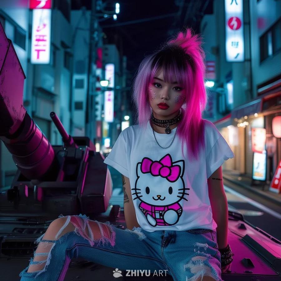 一位身材苗条的年轻日本女性，身穿Hello Kit