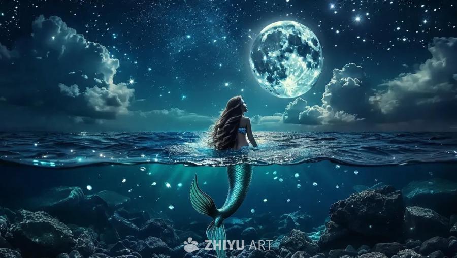 深夜的海面上，远处出现一条美人鱼，周围环绕着密集而