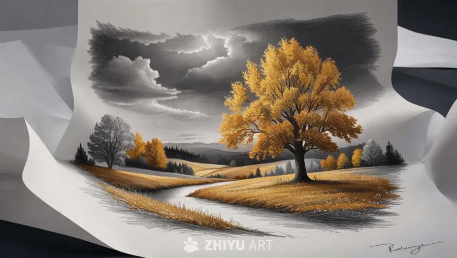 白纸上呈现一幅秋景素描，描绘了深秋时节，一棵树正在