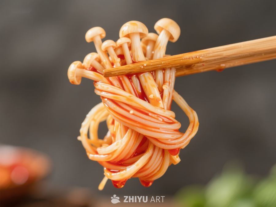 筷子夹起金针菇拌面 683