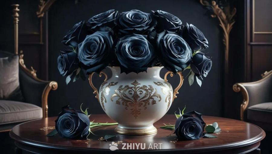一个花瓶中插满了黑色的玫瑰花，花瓶放置在木质桌面上