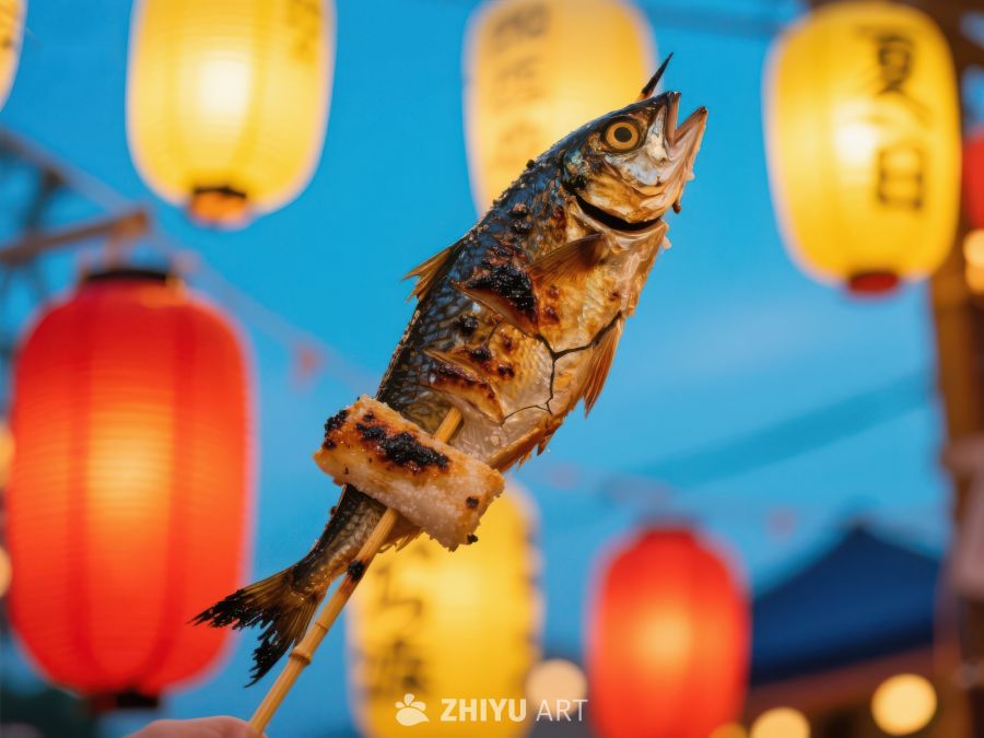 烤鱼串与灯笼夜景 117