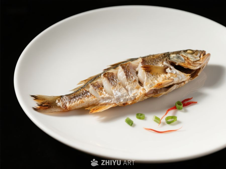 清蒸全鱼，配以葱丝点缀