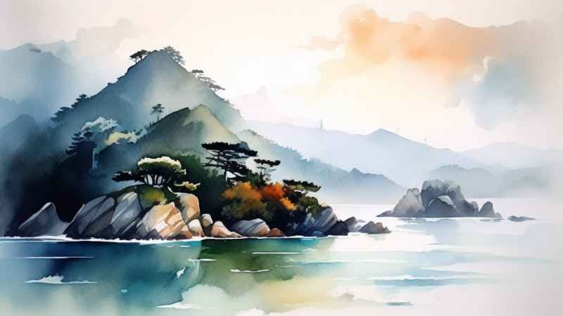 雾气缭绕大海山水画简约风格 16