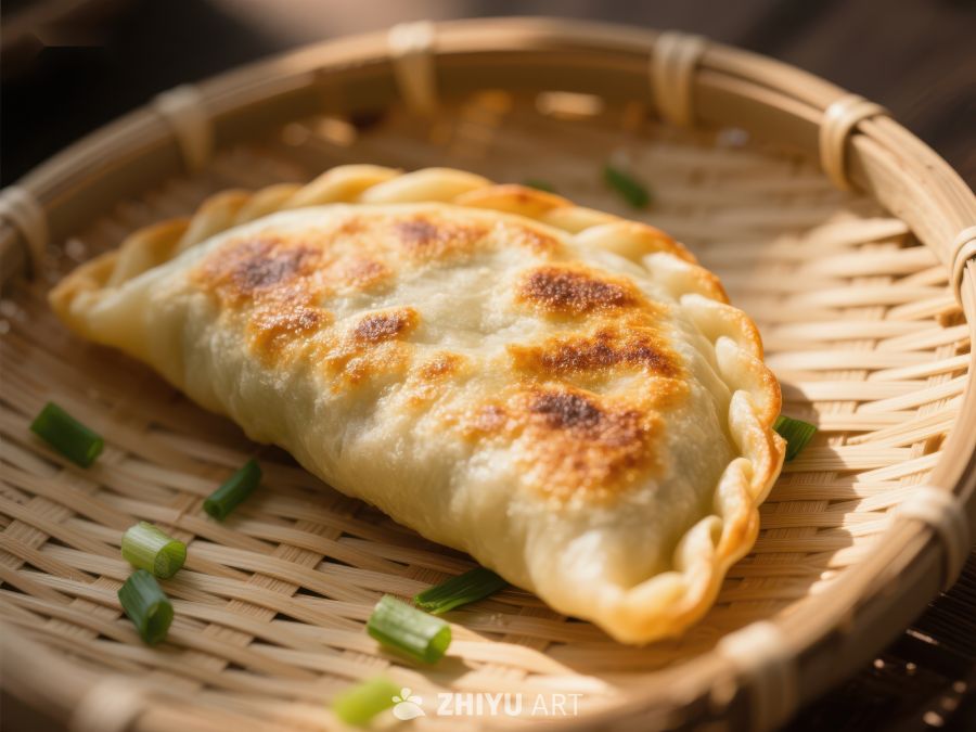 金黄煎饺置于竹篮，点缀葱花 464