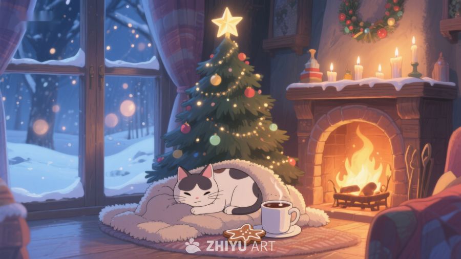 冬夜温馨场景：猫咪与圣诞树 81