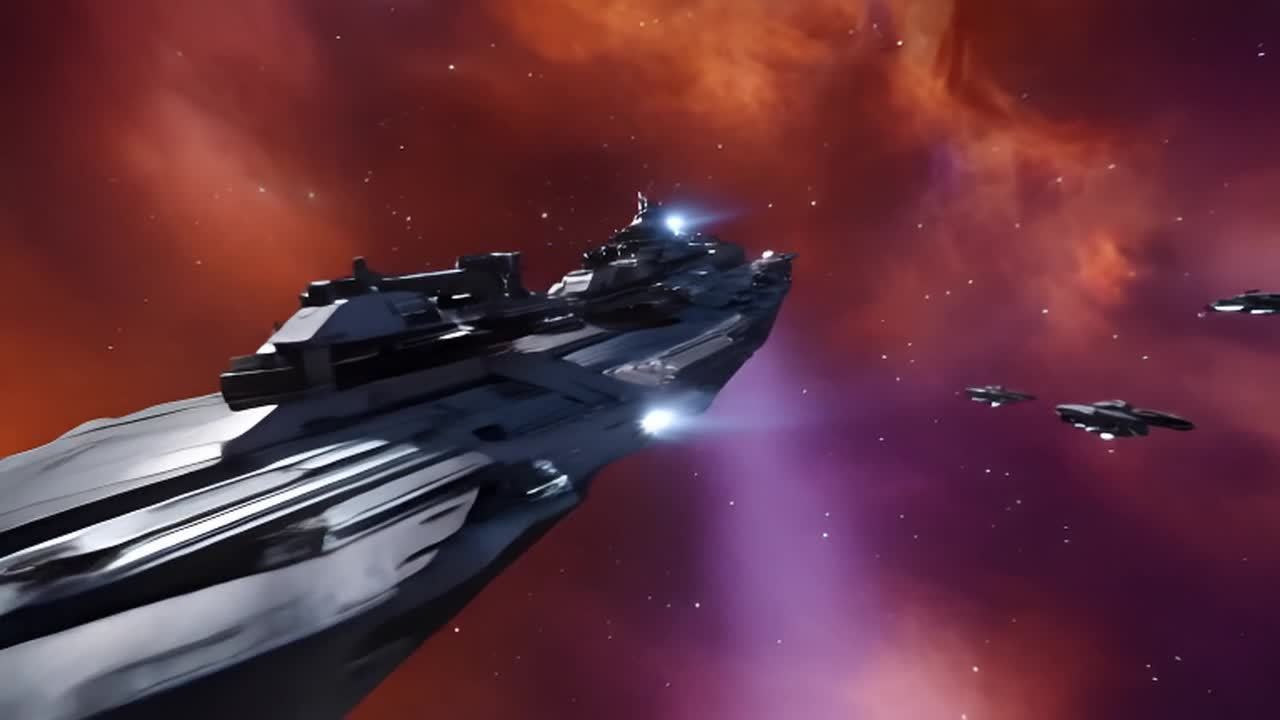 一艘庞大的宇宙战舰正在穿越一个充满活力的橙紫色星云
