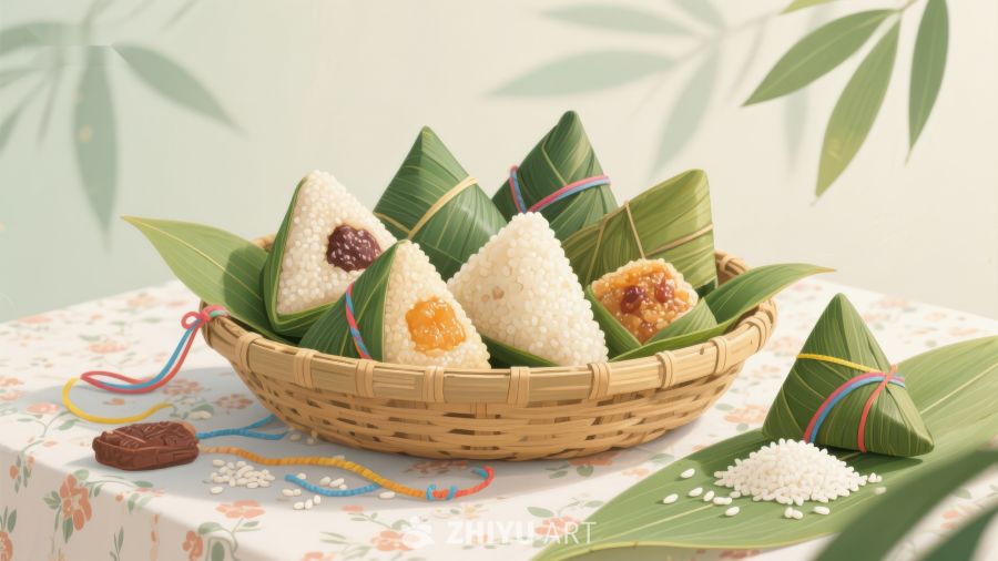 竹篮中的粽子与竹叶装饰 471