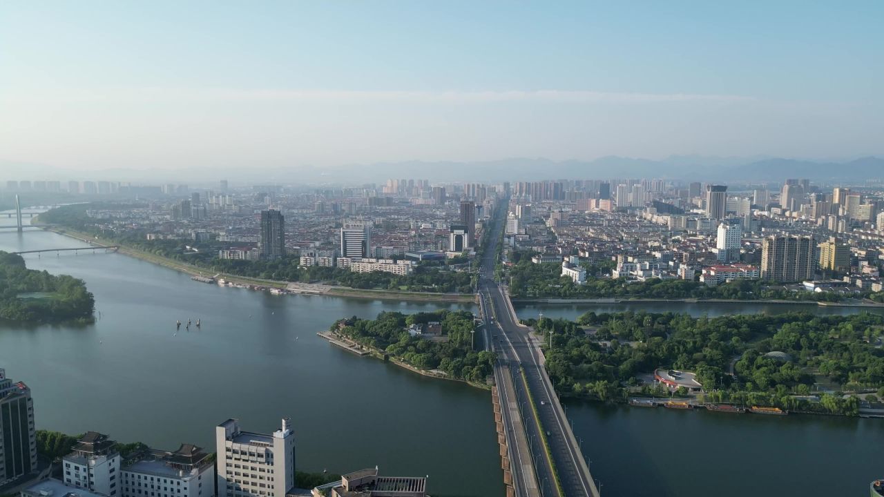 航拍金华通济桥五百滩公园