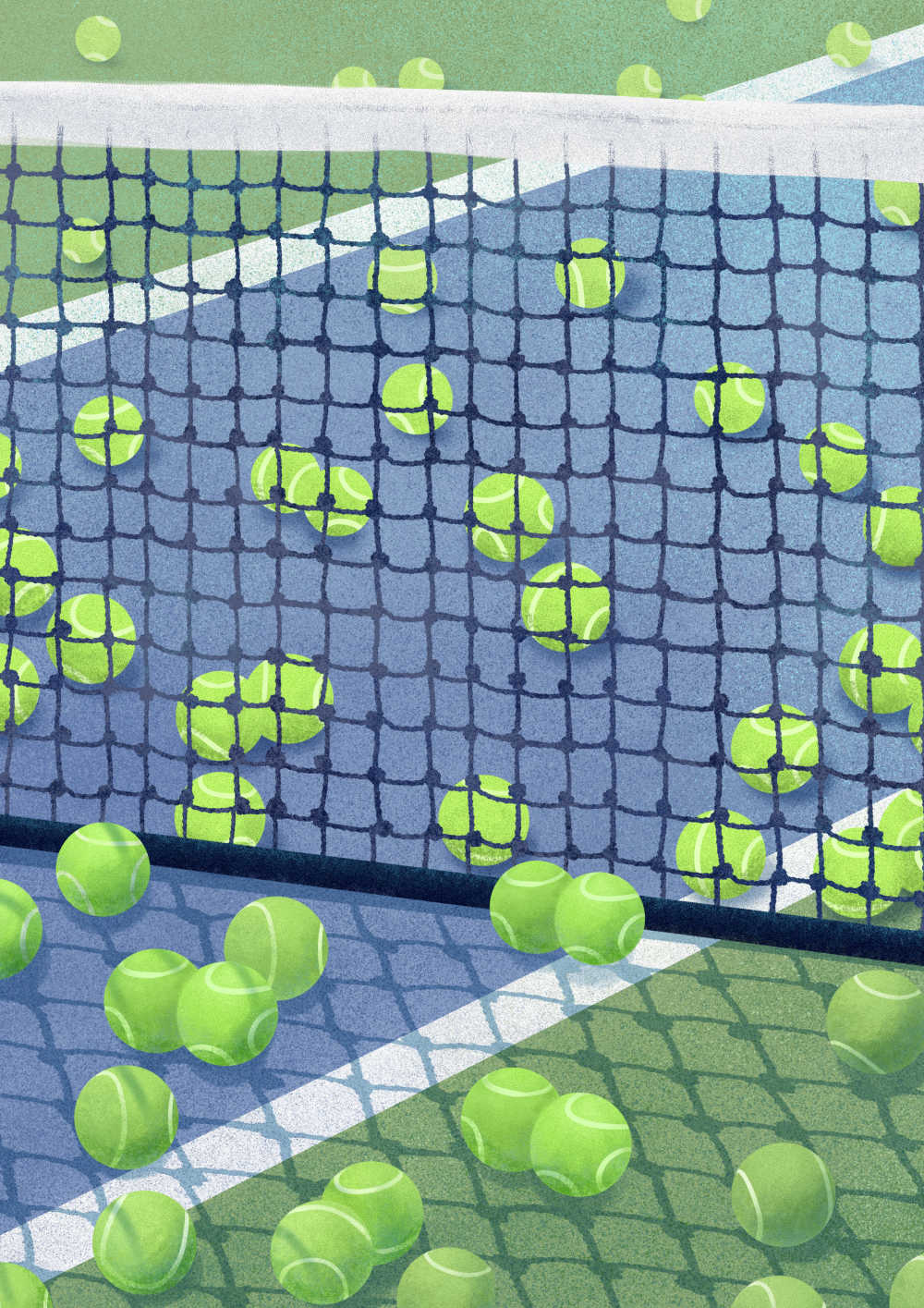 无人蓝色绿色跑道球场球网散落网球背景俯视
