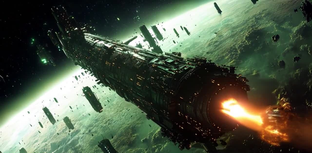 巨型工程空间站降落绿色星球