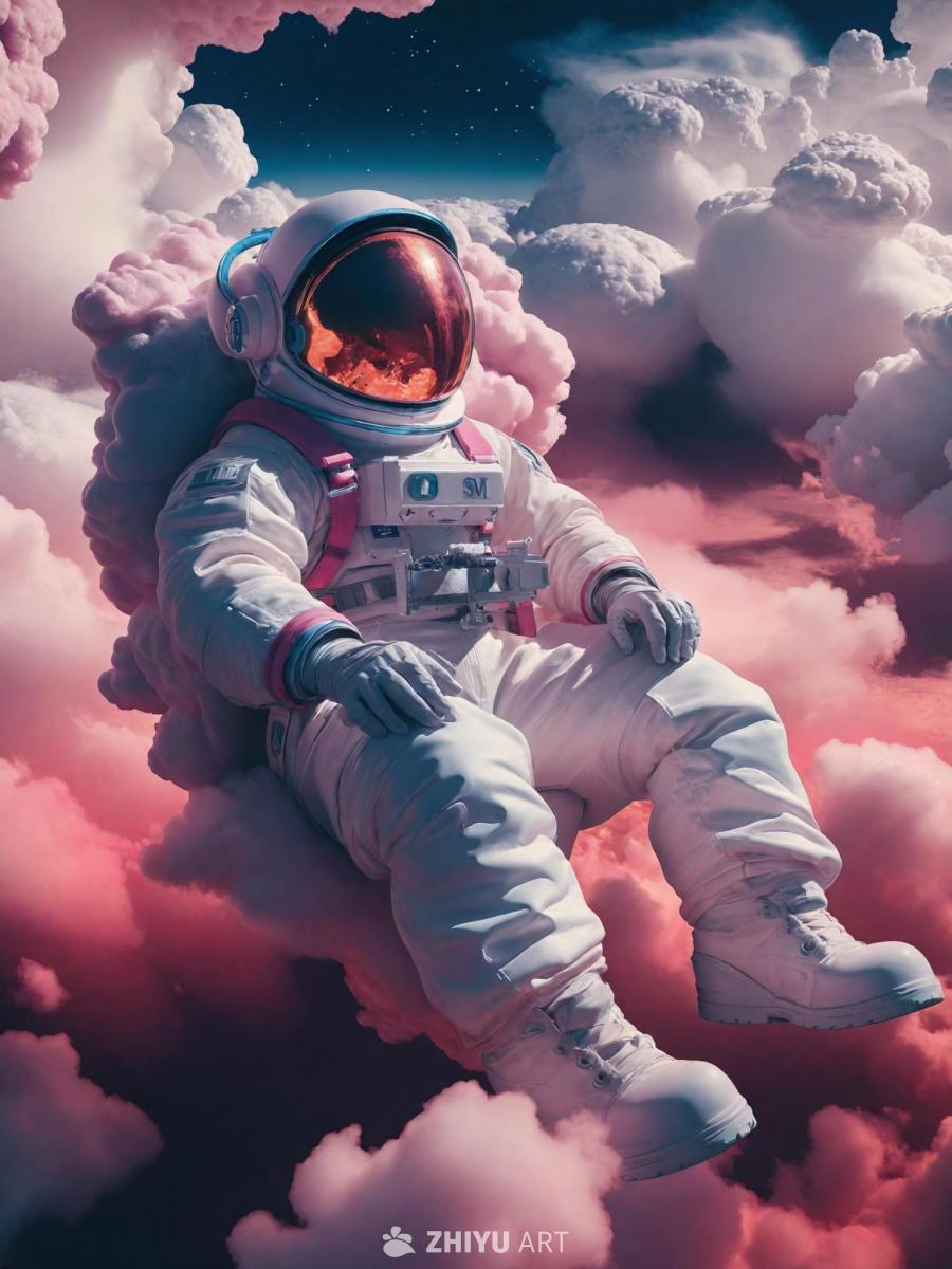 一个宇航员身穿带有粉色点缀的白色太空服，坐落在如同
