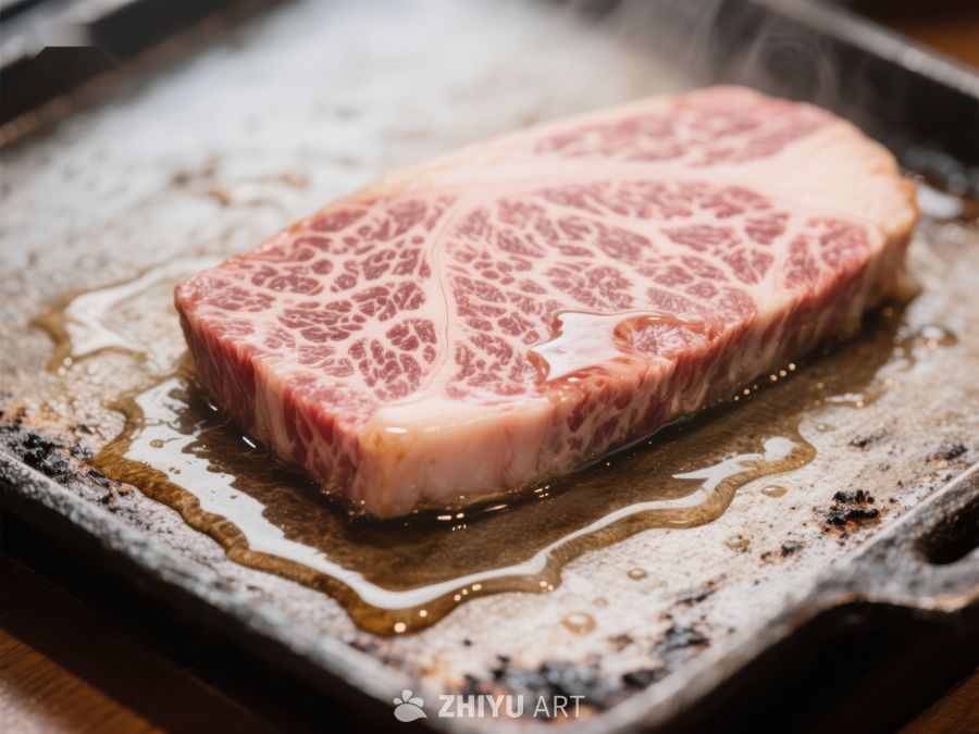煎制中的大理石纹牛肉