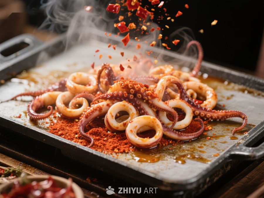 香辣鱿鱼圈热炒特写