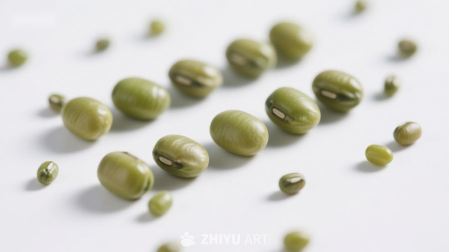 绿色豆子散落白色背景