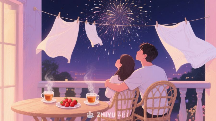情侣阳台赏烟花，温馨夜景共此时 262