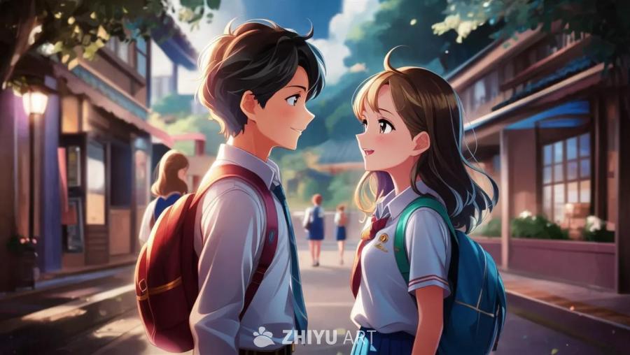两个穿着校服，背着书包的动漫高中生，一个男生和一个