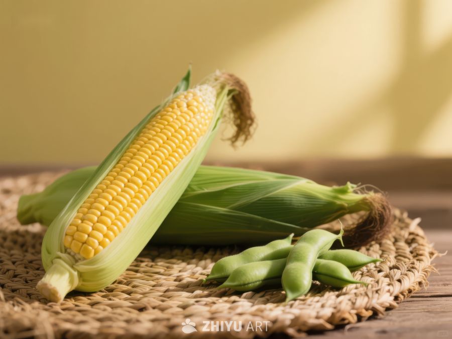 新鲜玉米与豌豆的静物组合 778