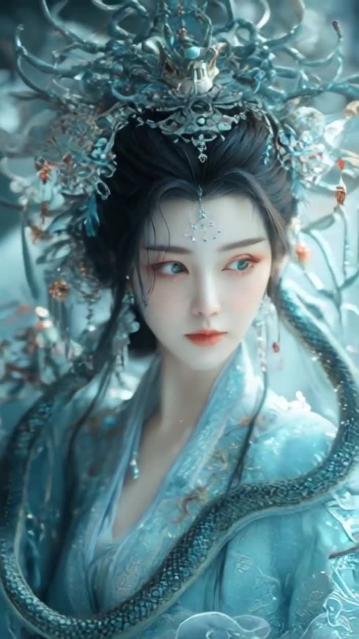 蛇形头饰美人侧身立于光雾中