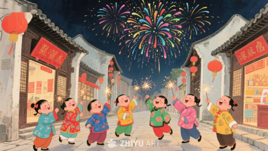 欢庆春节，孩童嬉戏烟花夜 357