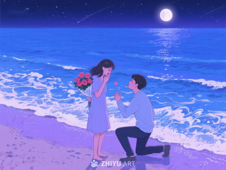 海边月下求婚温馨场景 278