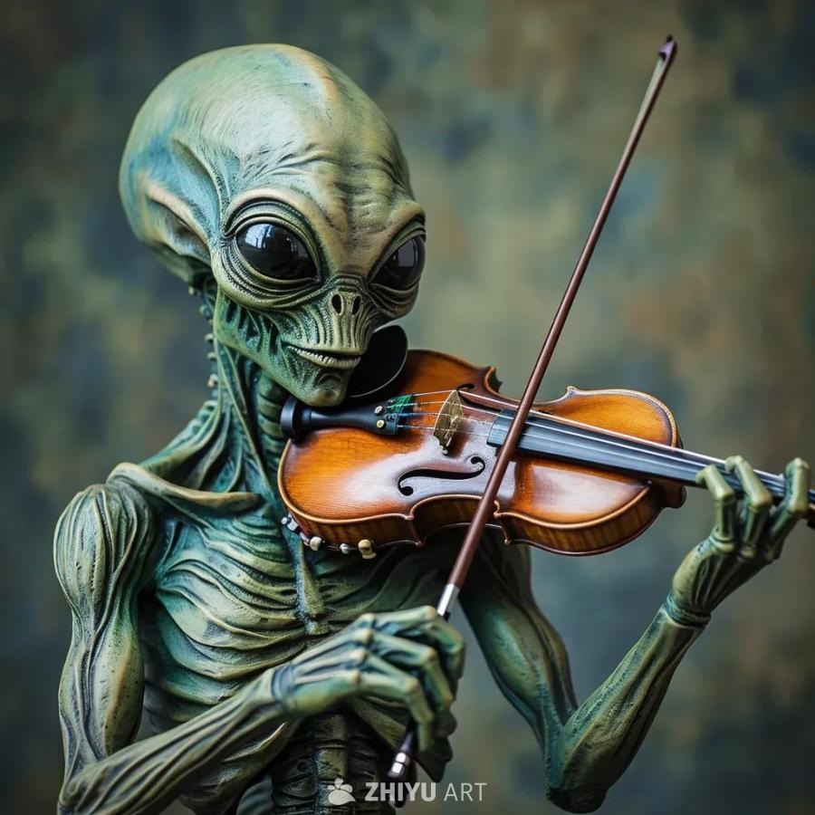 一个绿色皮肤的外星人正在拉小提琴，背景模糊。小提琴