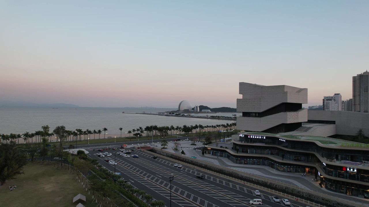 广东珠海城市晚霞夜幕降临航拍