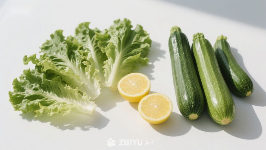 新鲜蔬菜与柠檬静物摆拍