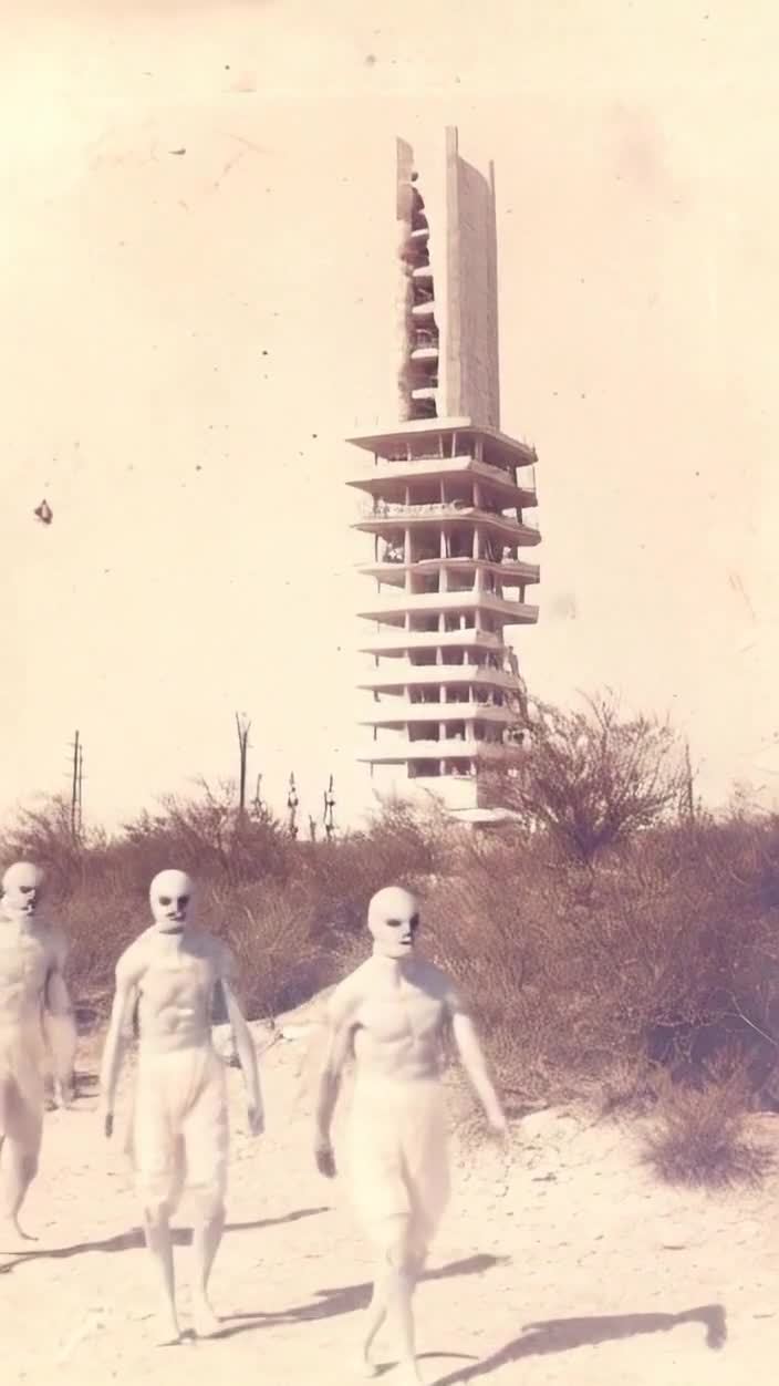 一座高耸的白色建筑矗立在照片中央，其结构呈现出不规