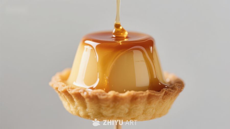 焦糖缓缓浇灌在蛋挞上的瞬间