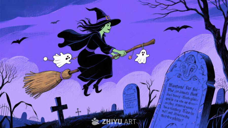 万圣夜女巫骑扫帚飞过墓地