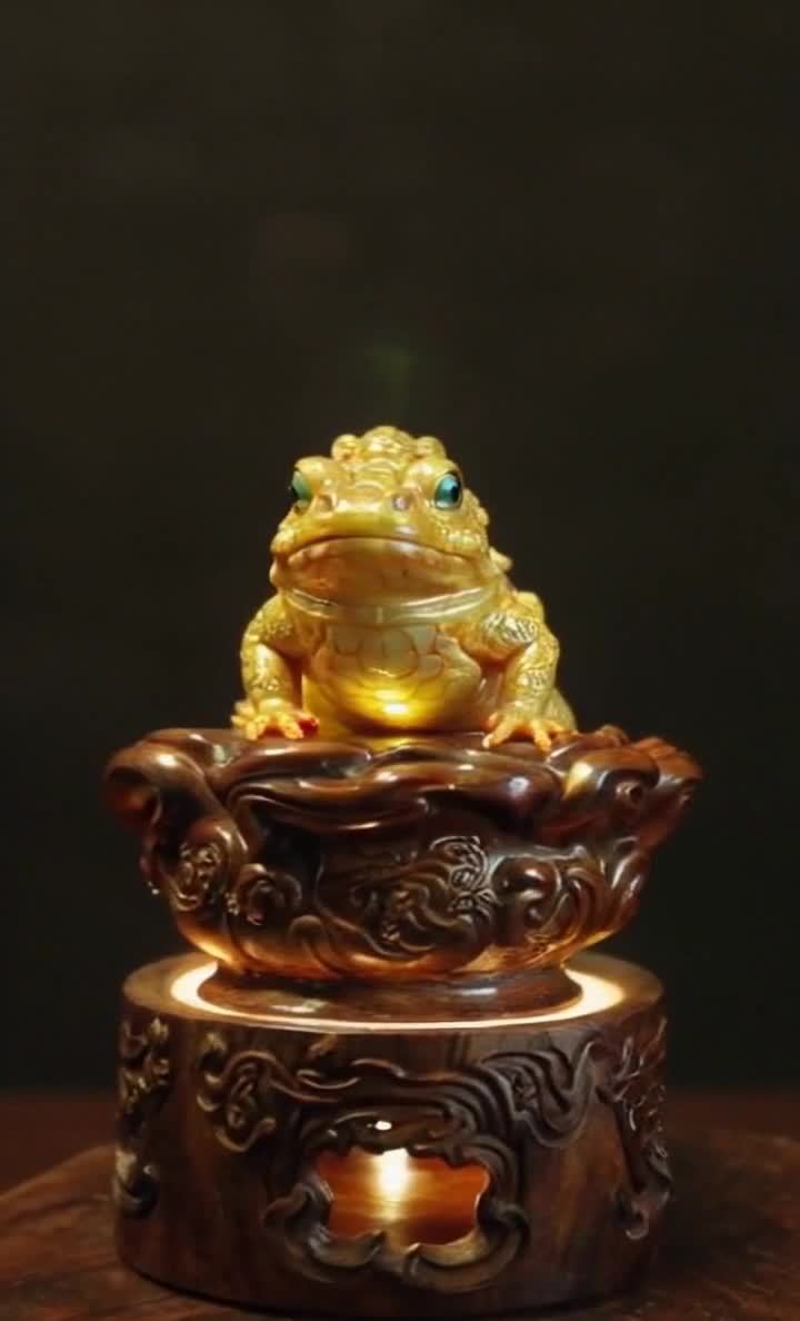 金蟾摆件置于元宝底座，灯光照亮腹部细节。