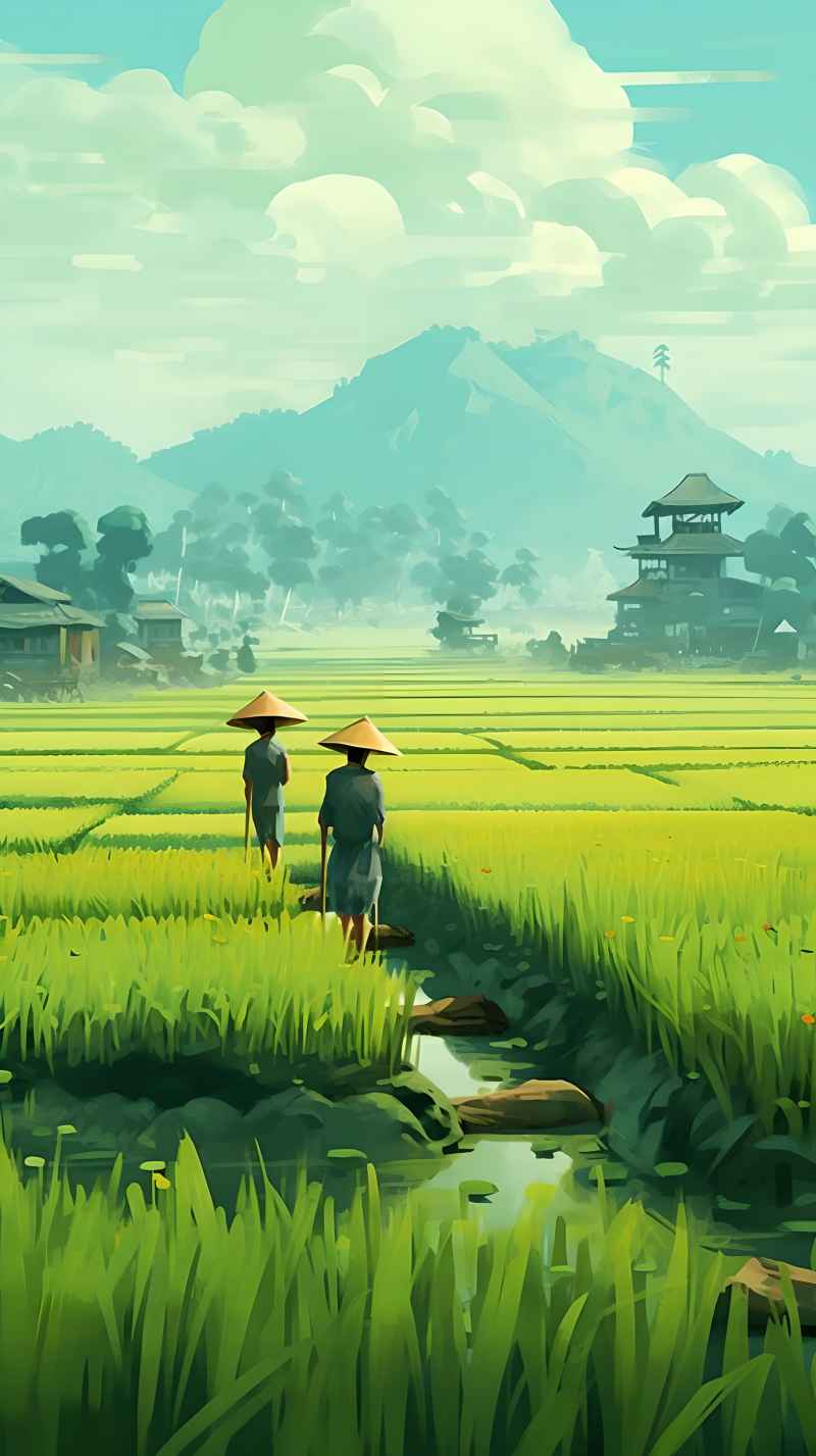 稻田和农作物中的农民绿色范例风格插画 34