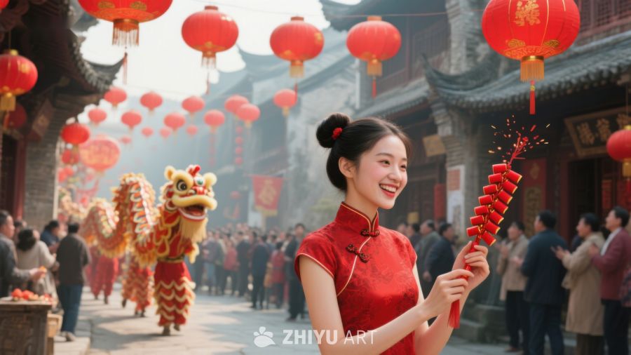 女子手持糖葫芦，背景舞龙庆祝节日 77