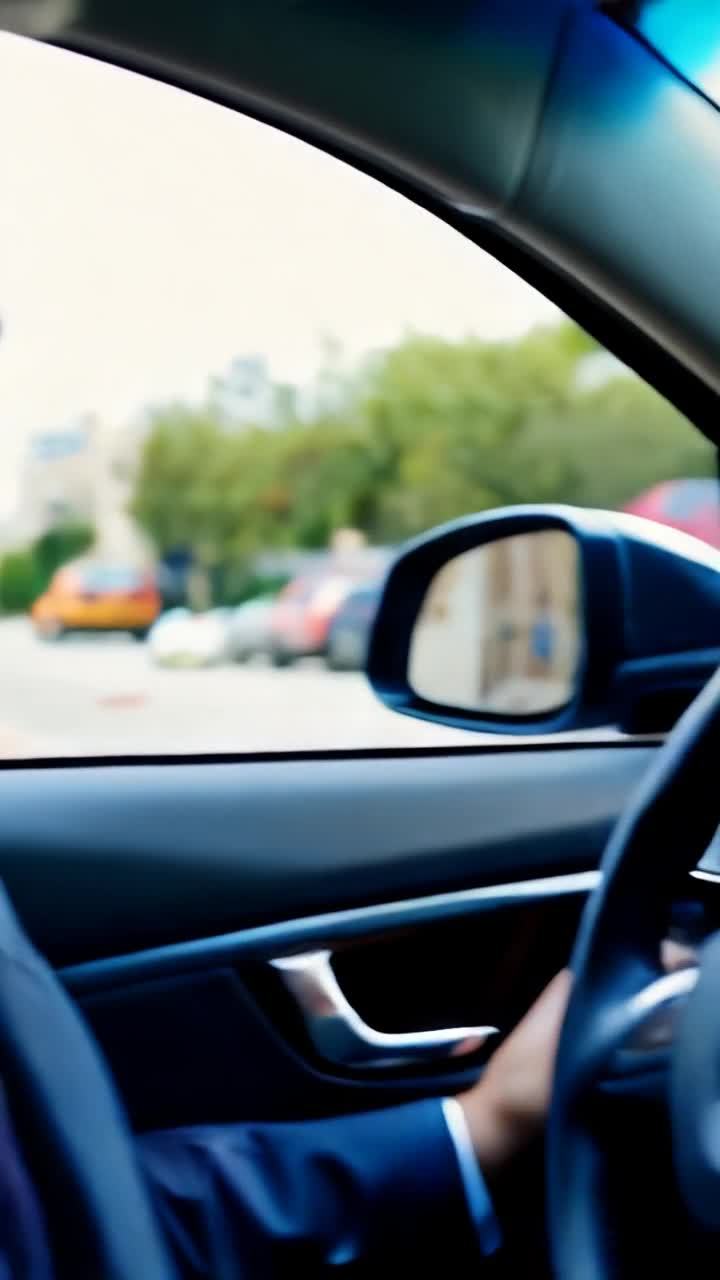 特工坐在驾驶座上，身体微微后靠。透过车窗，能看到车