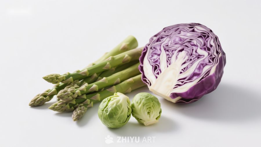 新鲜蔬菜组合：芦笋、卷心菜与抱子甘蓝